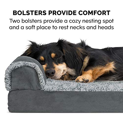 Feerway™ L-Shape Dog Sofa Bed | Medium Orthopedic Egg-Crate & Memory Foam Chaise with Removable Washable Faux-Fur & Suede Cover (Stone Grey)