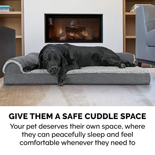 Feerway™ L-Shape Dog Sofa Bed | Medium Orthopedic Egg-Crate & Memory Foam Chaise with Removable Washable Faux-Fur & Suede Cover (Stone Grey)