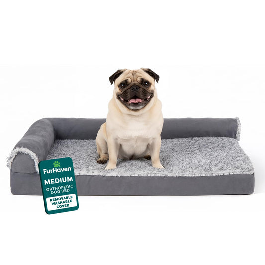 Feerway™ L-Shape Dog Sofa Bed | Medium Orthopedic Egg-Crate & Memory Foam Chaise with Removable Washable Faux-Fur & Suede Cover (Stone Grey)