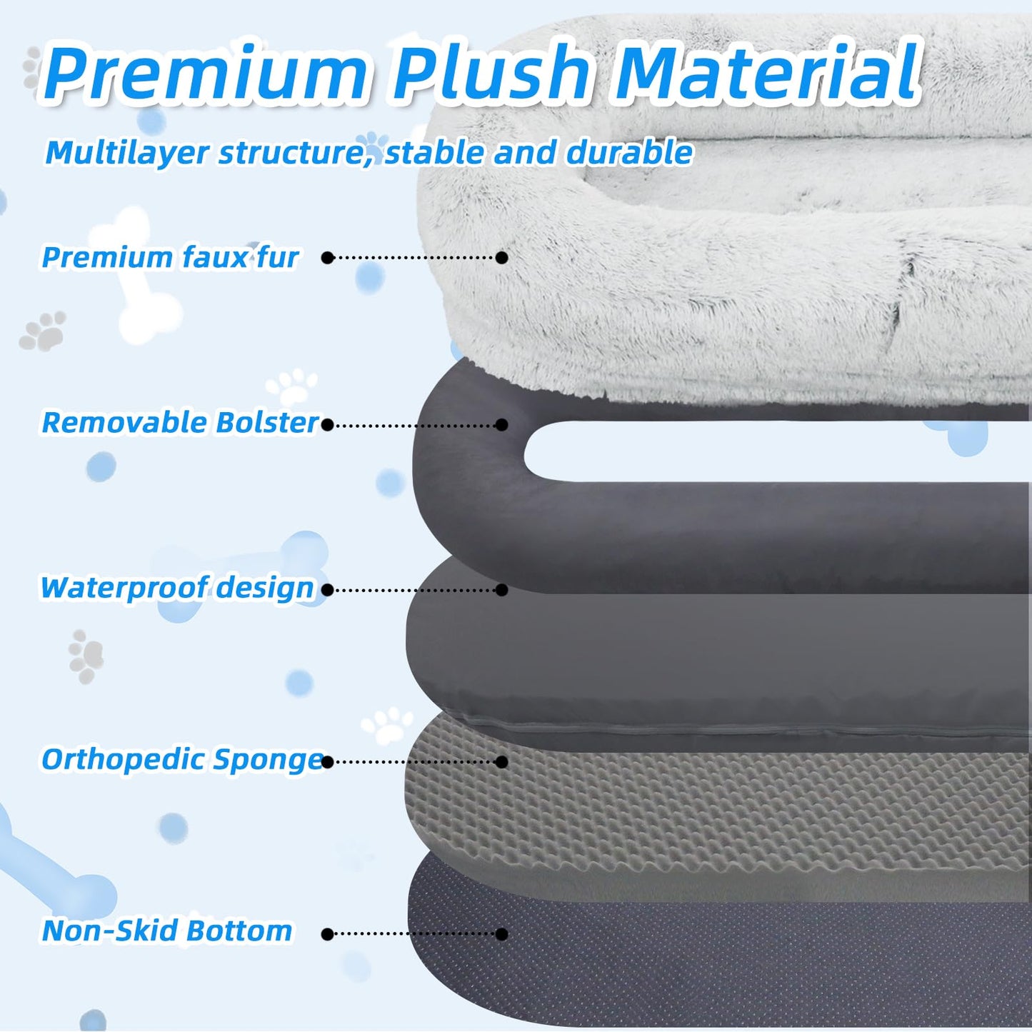 Feerway™ Human-Pet Lounger Bed | XXL 71" × 45" Orthopedic Faux-Fur Bed with Plush Pillow, Blanket & Carry Strap (Grey)