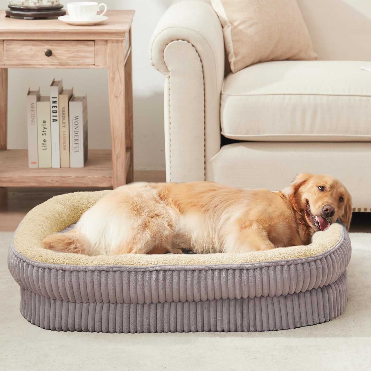 Feerway™ Oval Dog Sofa Bed | Orthopedic Egg-Crate Foam Kennel with 4-Sided Bolster, Removable Washable Cover & Nonslip Base (Medium Breeds)