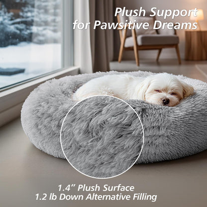 Feerway™ Donut Cuddler Bed – 20" | Calming Round Plush Bed for Small Dogs & Indoor Cats (Smoke Grey)