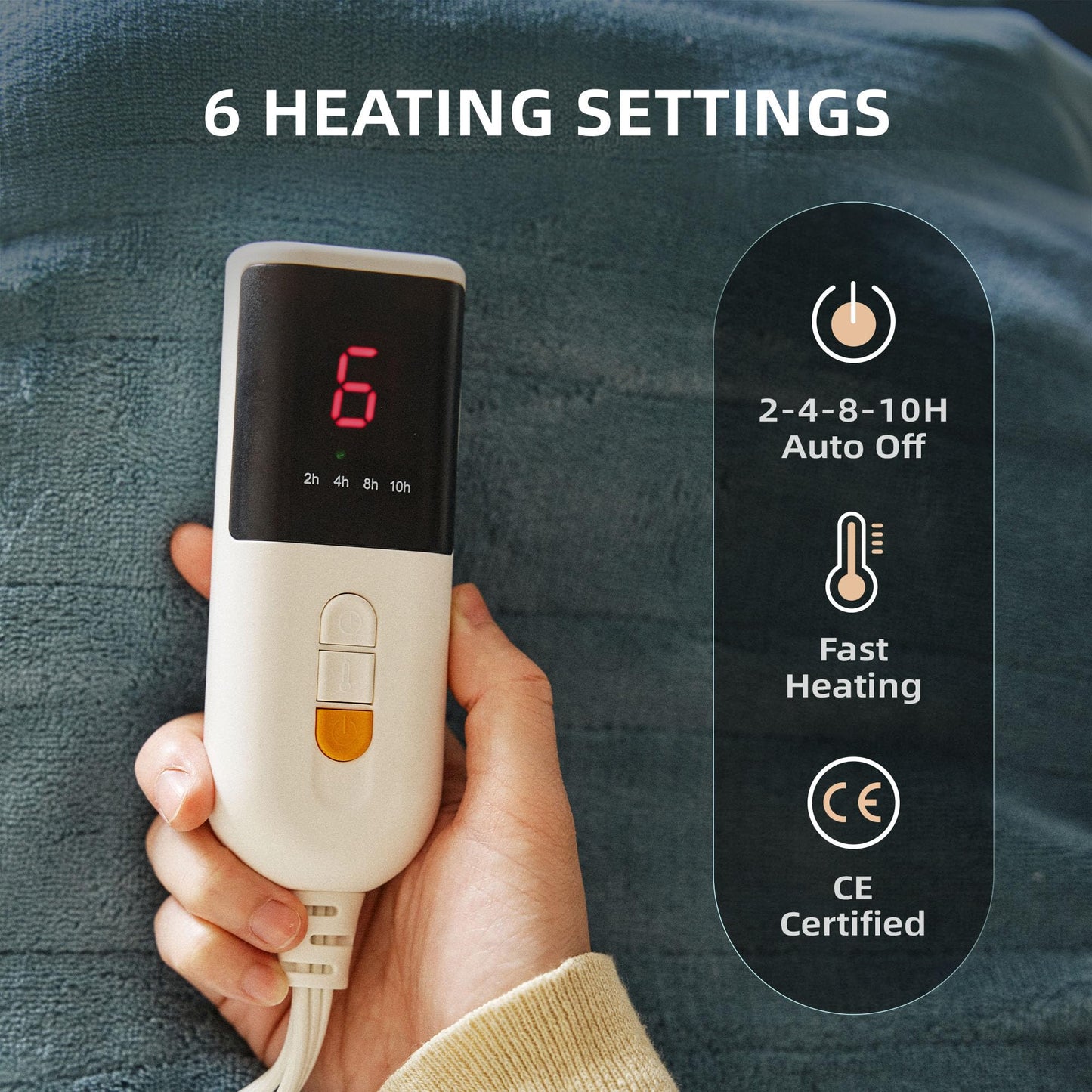 Electric Heated Blanket 130x160cm – 6 Heat Settings, 10H Timer, Machine Washable