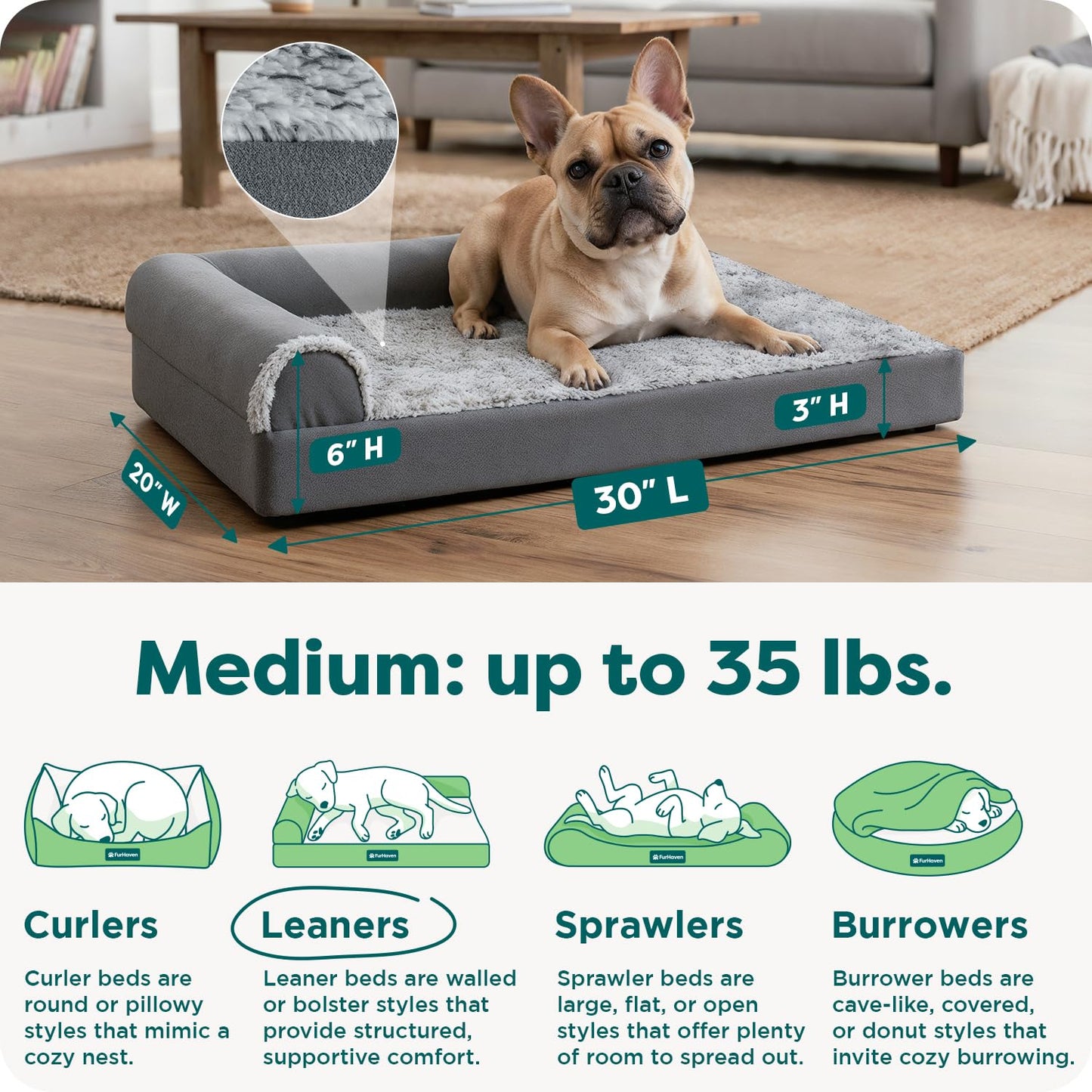 Feerway™ L-Shape Dog Sofa Bed | Medium Orthopedic Egg-Crate & Memory Foam Chaise with Removable Washable Faux-Fur & Suede Cover (Stone Grey)