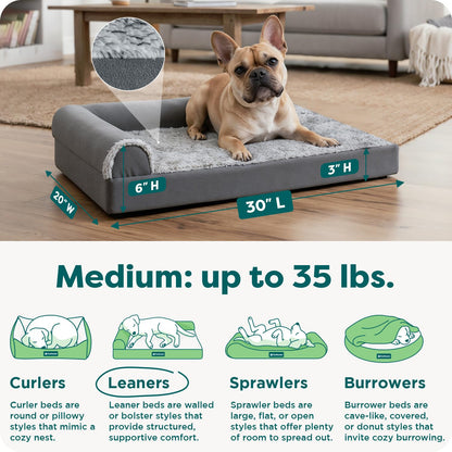 Feerway™ L-Shape Dog Sofa Bed | Medium Orthopedic Egg-Crate & Memory Foam Chaise with Removable Washable Faux-Fur & Suede Cover (Stone Grey)