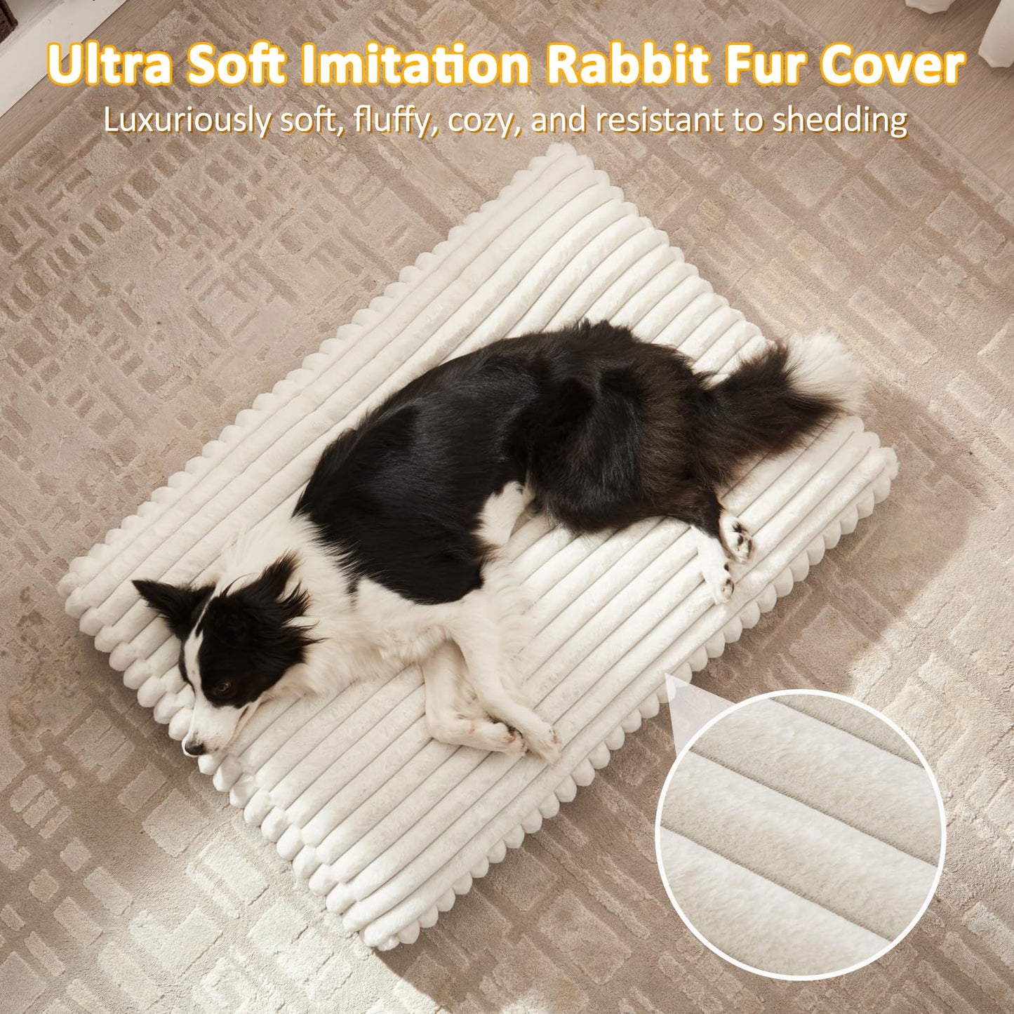 Feerway™ Large Dog Bed | 35" × 23" Flat Pet Mat with Thick Shredded Foam, Removable Washable Cover & Anti-Slip Bottom (Cream)