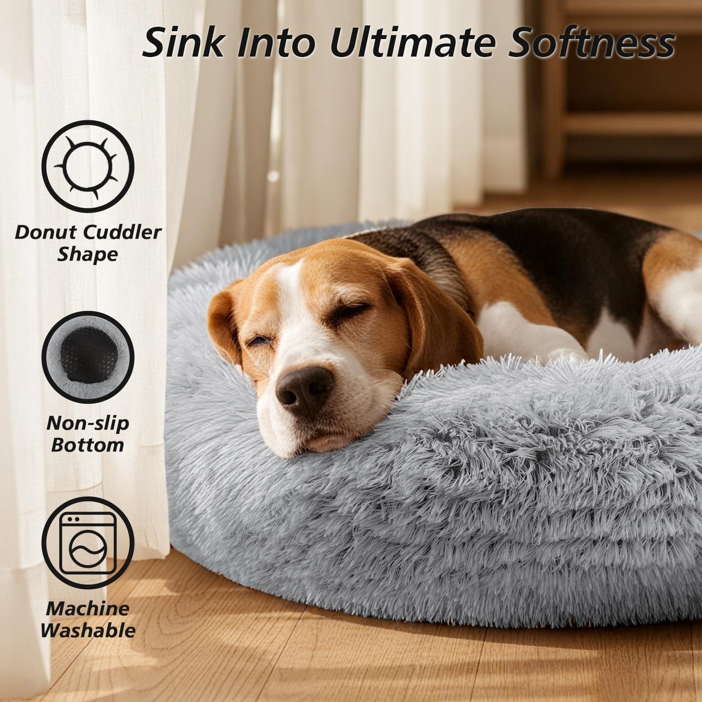 Feerway™ Donut Cuddler Bed – 20" | Calming Round Plush Bed for Small Dogs & Indoor Cats (Smoke Grey)