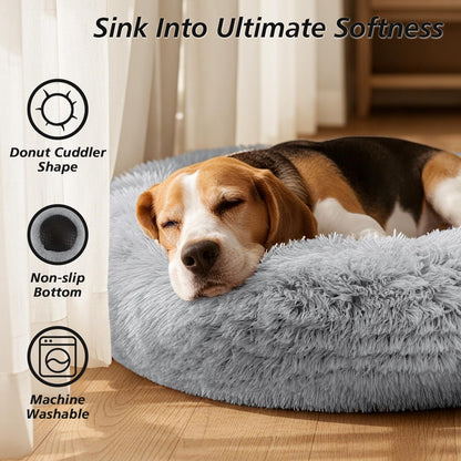Feerway™ Donut Cuddler Bed – 20" | Calming Round Plush Bed for Small Dogs & Indoor Cats (Smoke Grey)