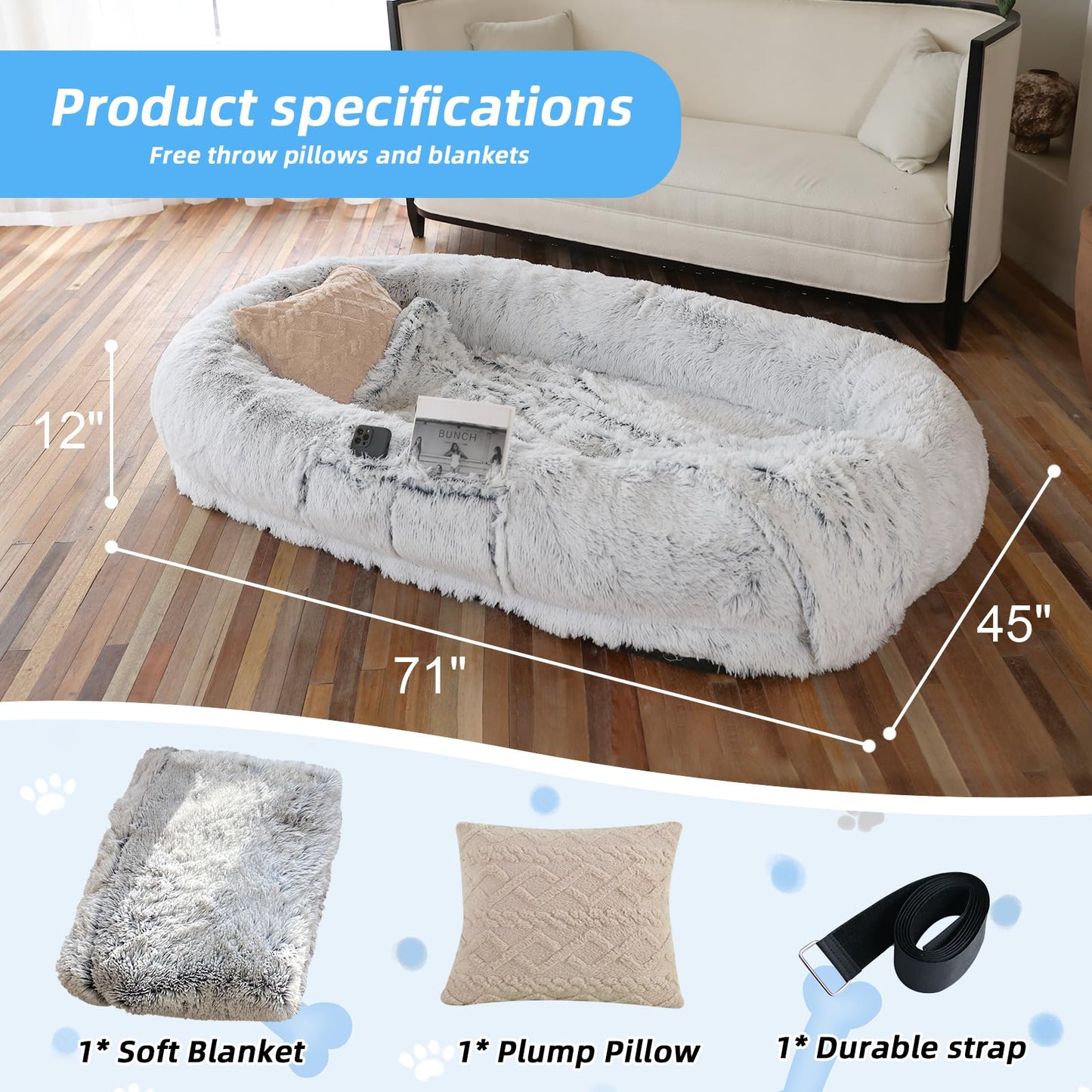 Feerway™ Human-Pet Lounger Bed | XXL 71" × 45" Orthopedic Faux-Fur Bed with Plush Pillow, Blanket & Carry Strap (Grey)