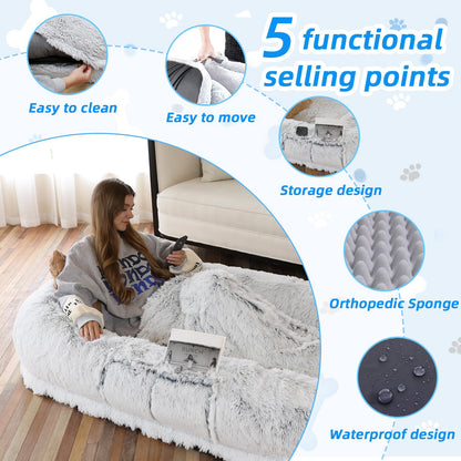 Feerway™ Human-Pet Lounger Bed | XXL 71" × 45" Orthopedic Faux-Fur Bed with Plush Pillow, Blanket & Carry Strap (Grey)