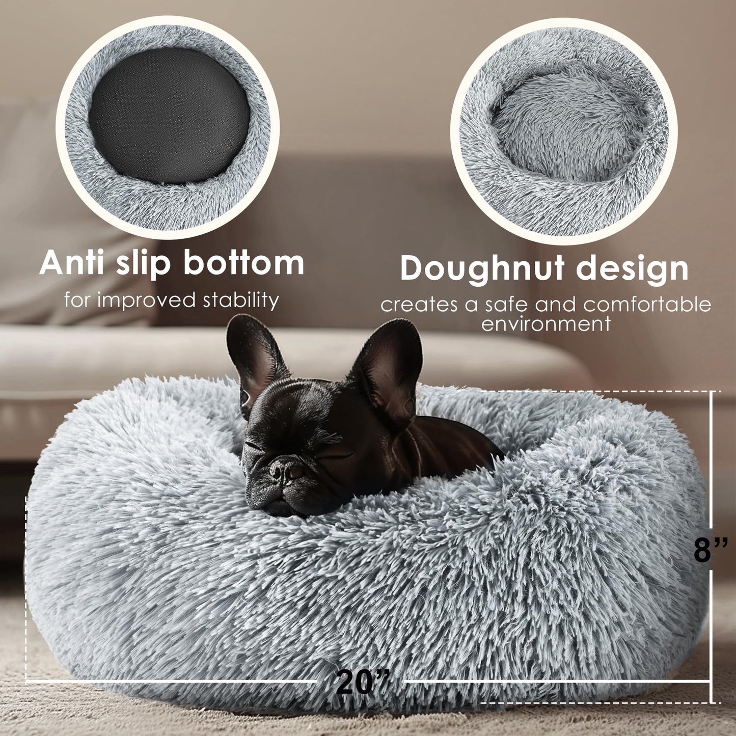 Feerway™ FluffyCalm™ Donut Pet Bed – 20" | Ultra-Soft Calming Round Bed for Small Dogs & Cats (Light Grey)