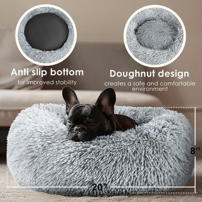 Feerway™ FluffyCalm™ Donut Pet Bed – 20" | Ultra-Soft Calming Round Bed for Small Dogs & Cats (Light Grey)
