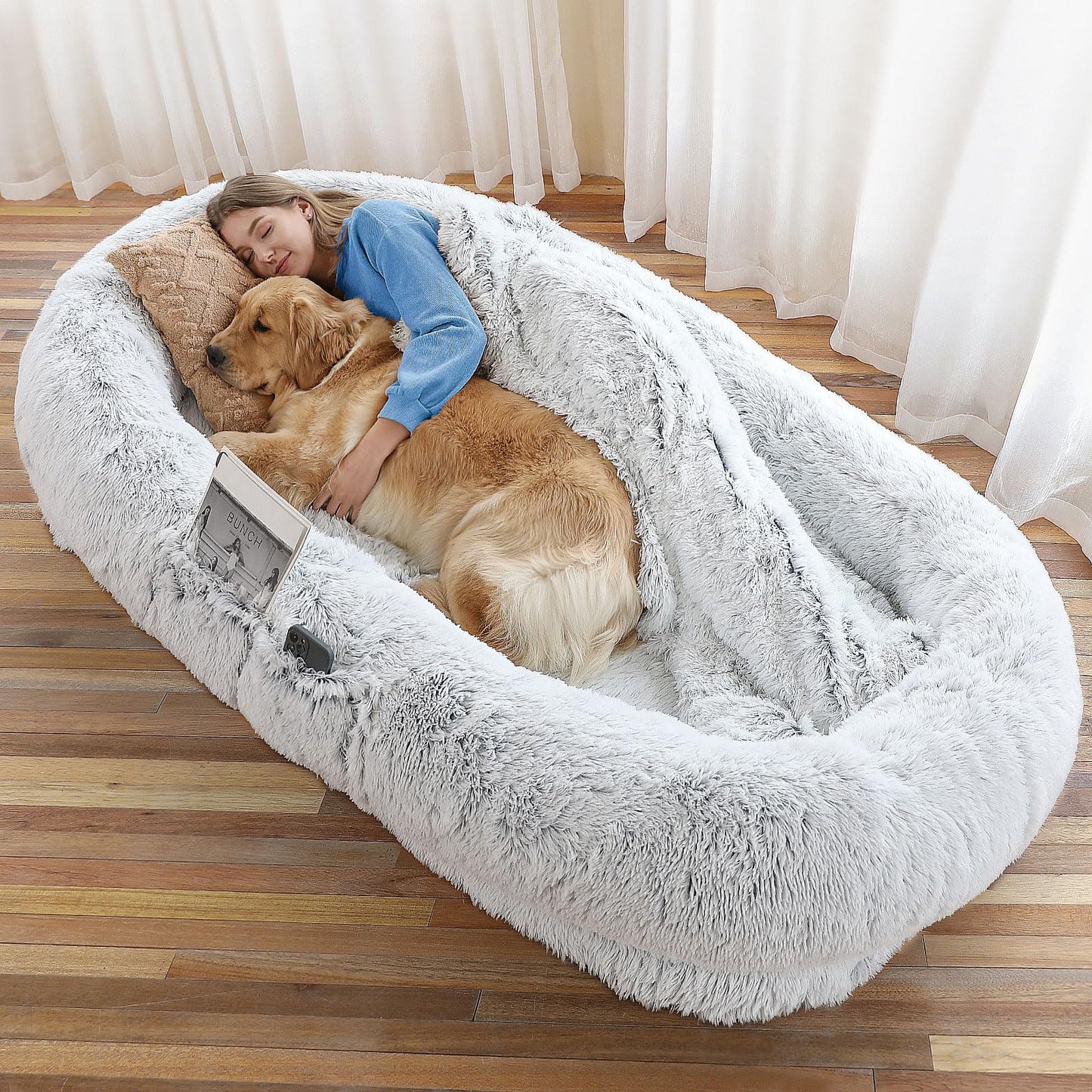 Feerway™ Human-Pet Lounger Bed | XXL 71" × 45" Orthopedic Faux-Fur Bed with Plush Pillow, Blanket & Carry Strap (Grey)